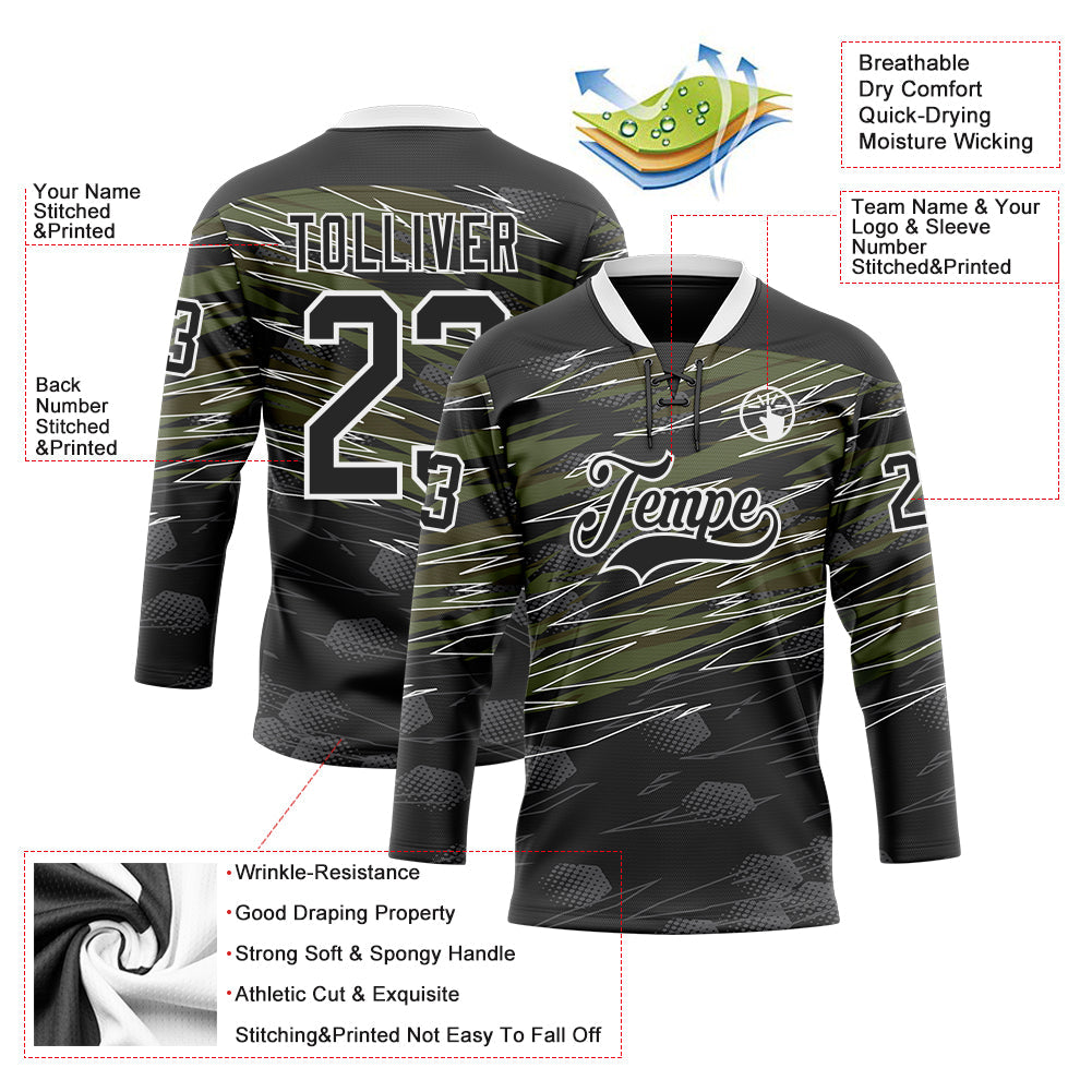 Custom Black Olive-White 3D Pattern Abstract Hockey Lace Neck Jersey