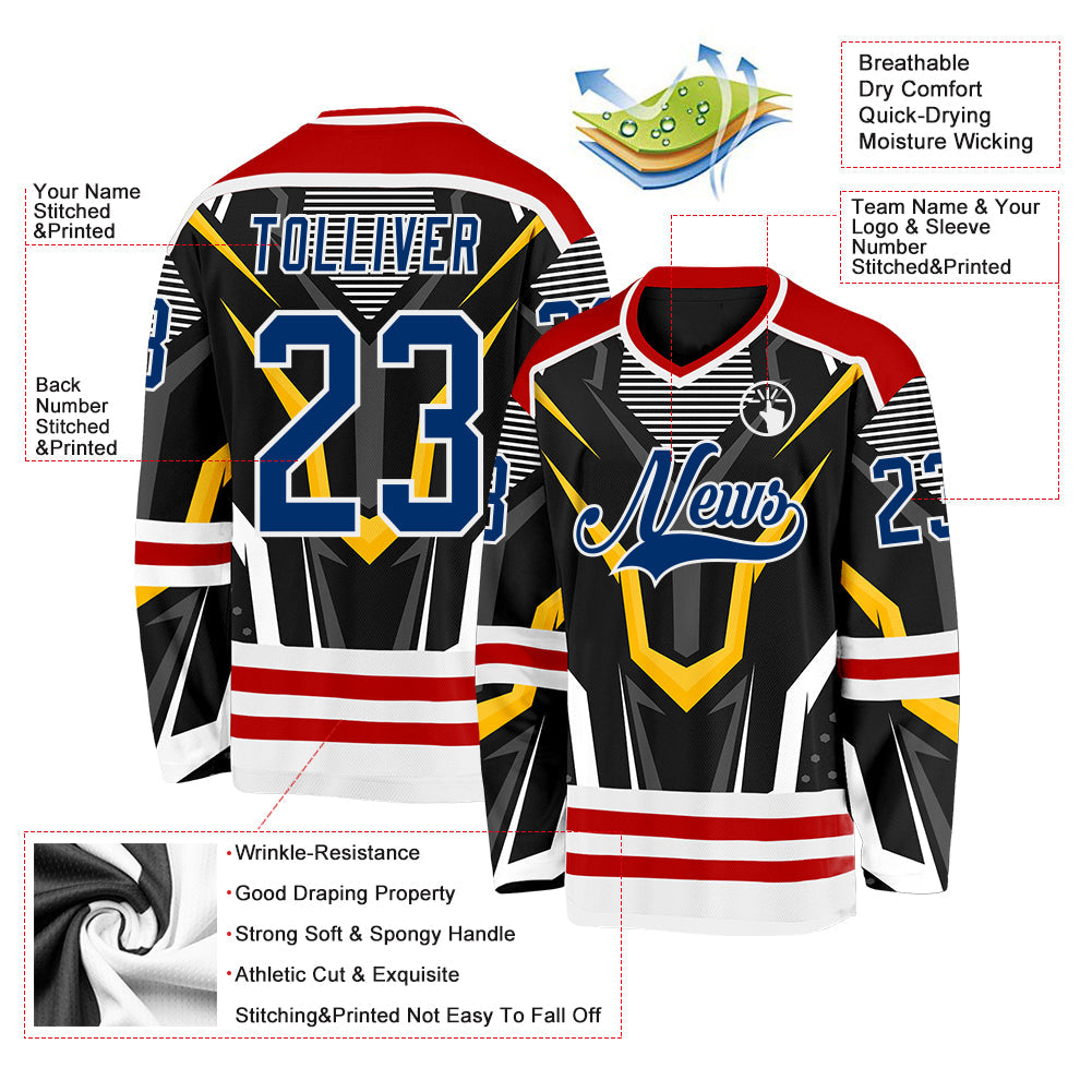 Custom Black US Navy Blue Red-White 3D Pattern Cyber Mecha E-sport Hockey Jersey