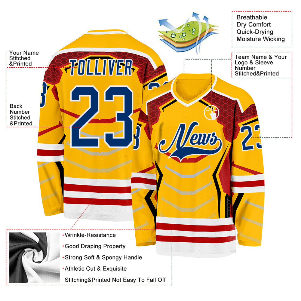 Custom Gold US Navy Blue Red-White 3D Pattern Cyber Mecha E-sport Hockey Jersey