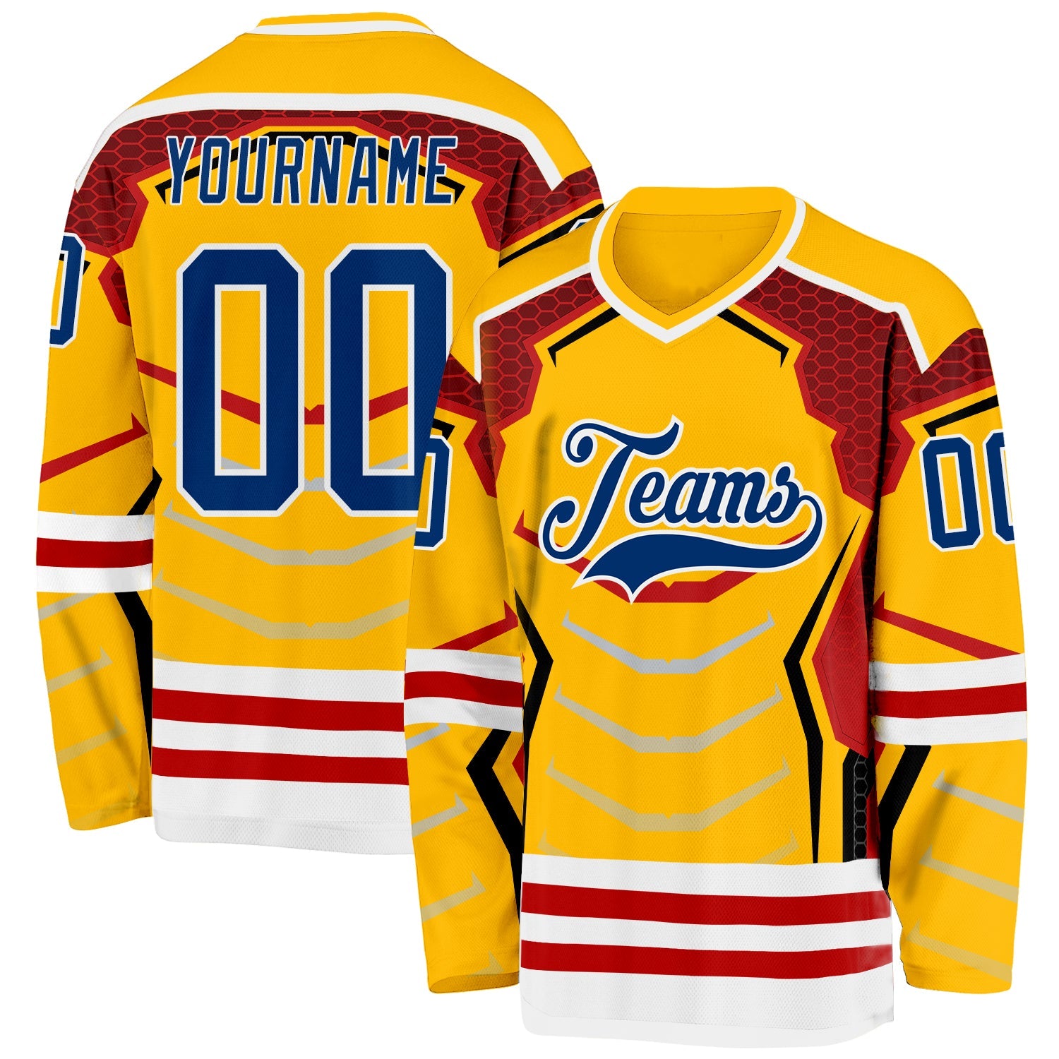 Custom Gold US Navy Blue Red-White 3D Pattern Cyber Mecha E-sport Hockey Jersey