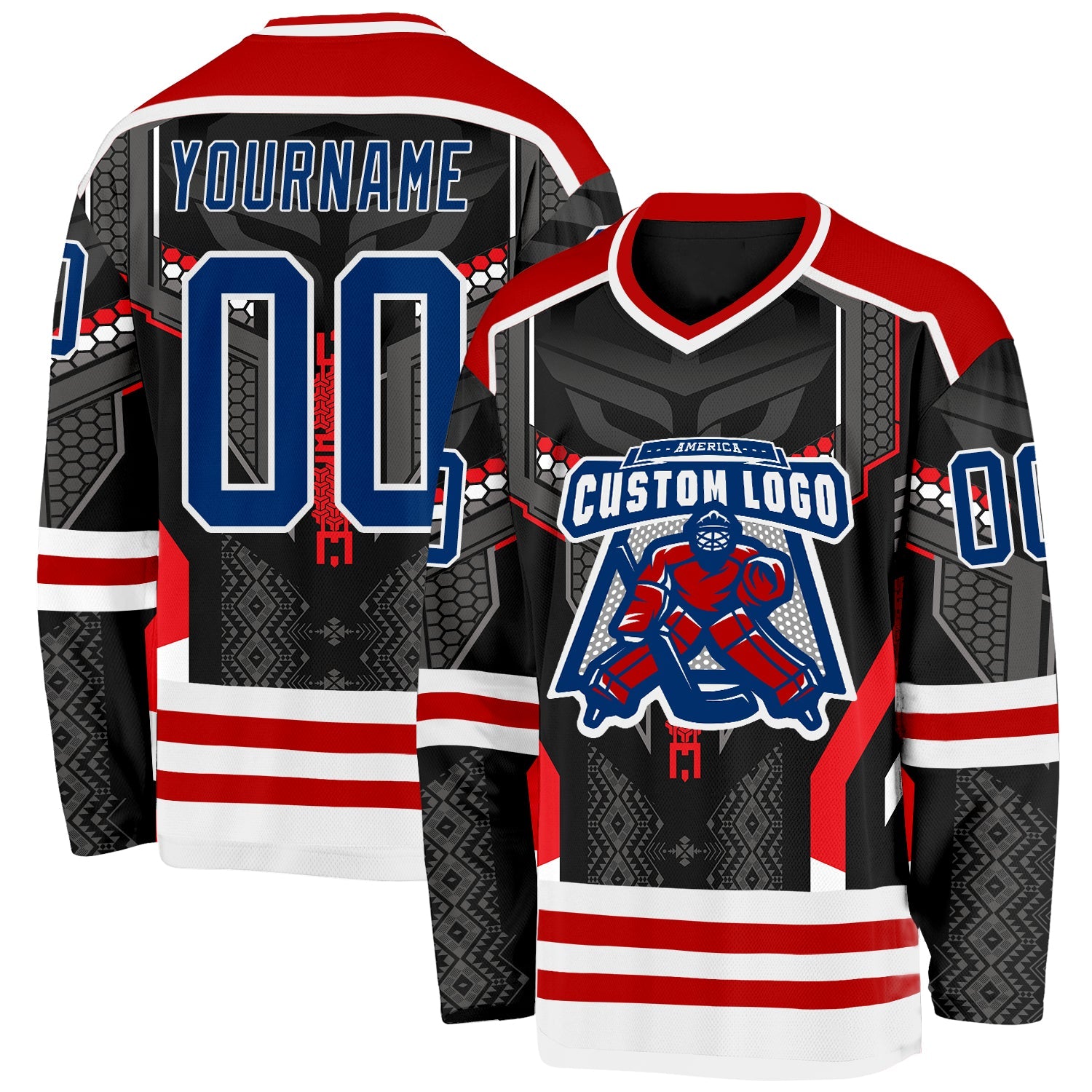 Custom Black US Navy Blue Red-White 3D Pattern Cyber Mecha E-sport Hockey Jersey