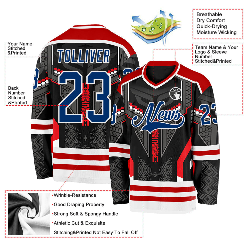 Custom Black US Navy Blue Red-White 3D Pattern Cyber Mecha E-sport Hockey Jersey