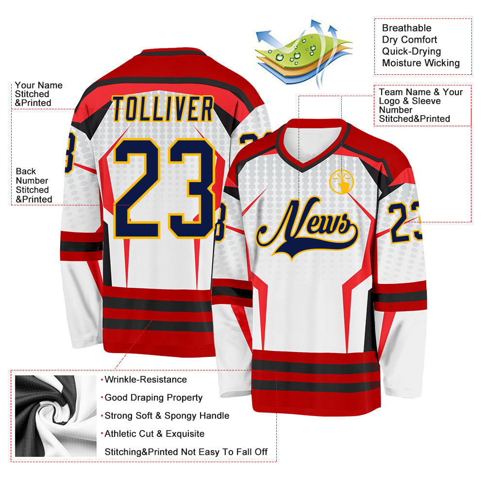 Custom White Navy Red Black-Gold 3D Pattern Cyber Mecha E-sport Hockey Jersey