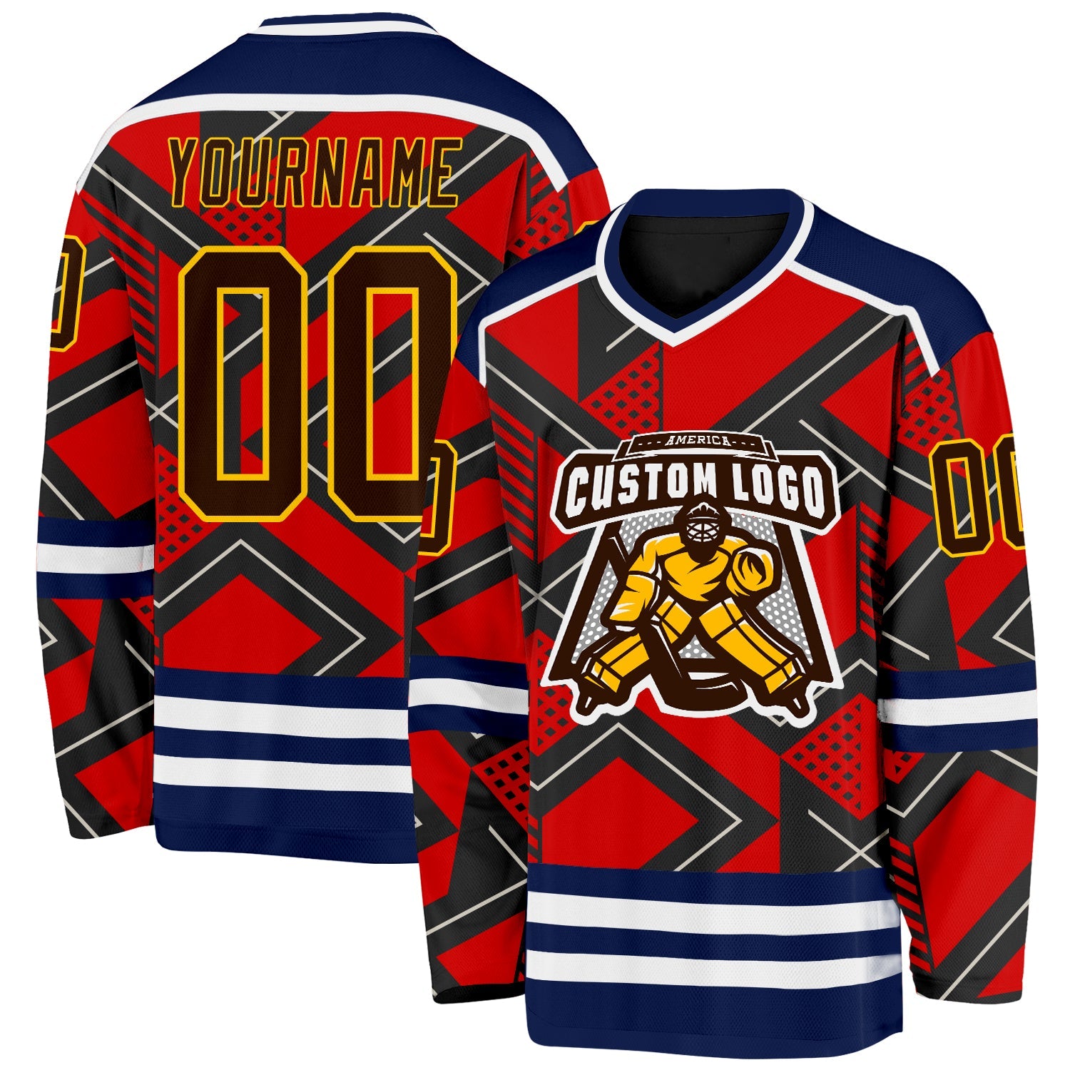 Custom Orange Brown Black Navy Yellow-White 3D Pattern Cyber Mecha E-sport Hockey Jersey