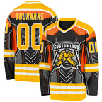 Custom Black Gold Gray Orange-White 3D Pattern Cyber Mecha E-sport Hockey Jersey