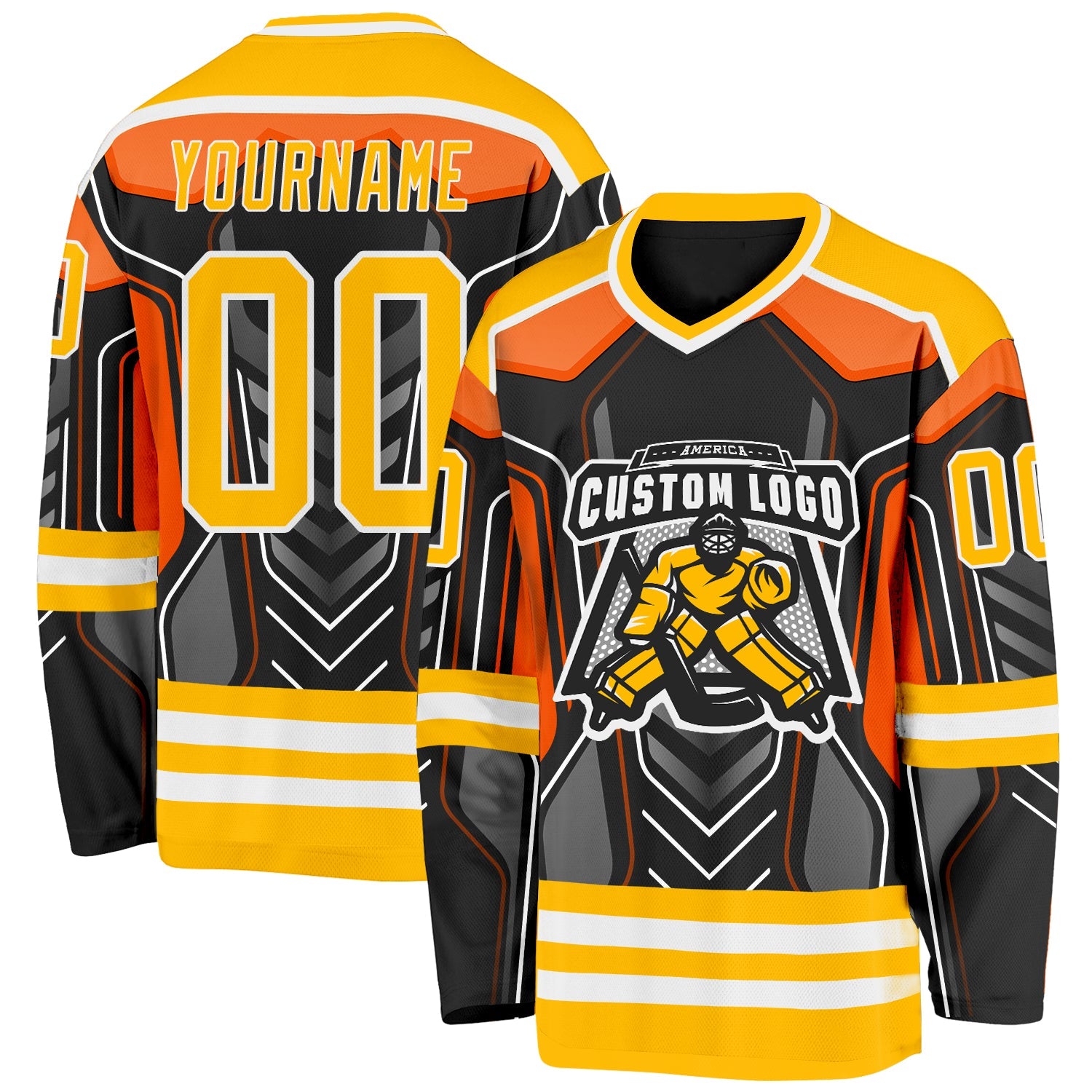 Custom Black Gold Gray Orange-White 3D Pattern Cyber Mecha E-sport Hockey Jersey