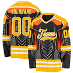Custom Black Gold Gray Orange-White 3D Pattern Cyber Mecha E-sport Hockey Jersey