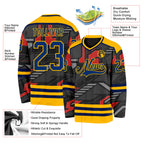 Custom Black US Navy Blue Gray Orange-Gold 3D Pattern Cyber Mecha E-sport Hockey Jersey