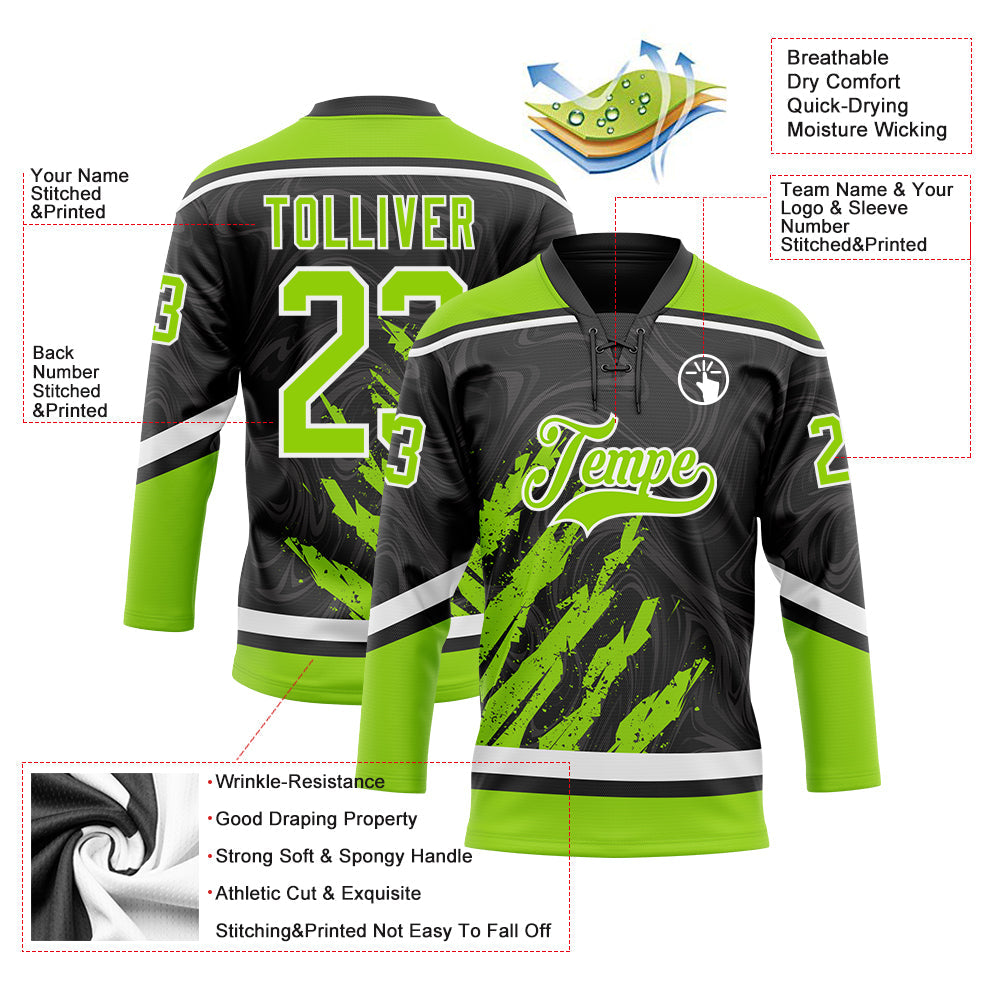 Custom Black Neon Green-White 3D Splash Art Hockey Lace Neck Jersey