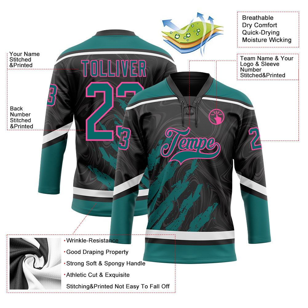 Custom Black Teal Pink-White 3D Splash Art Hockey Lace Neck Jersey