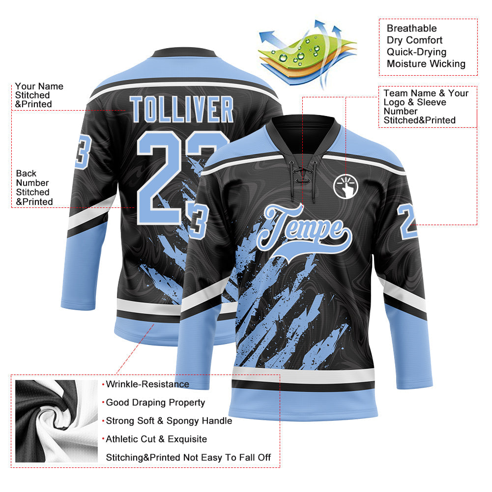 Custom Black Light Blue-White 3D Splash Art Hockey Lace Neck Jersey