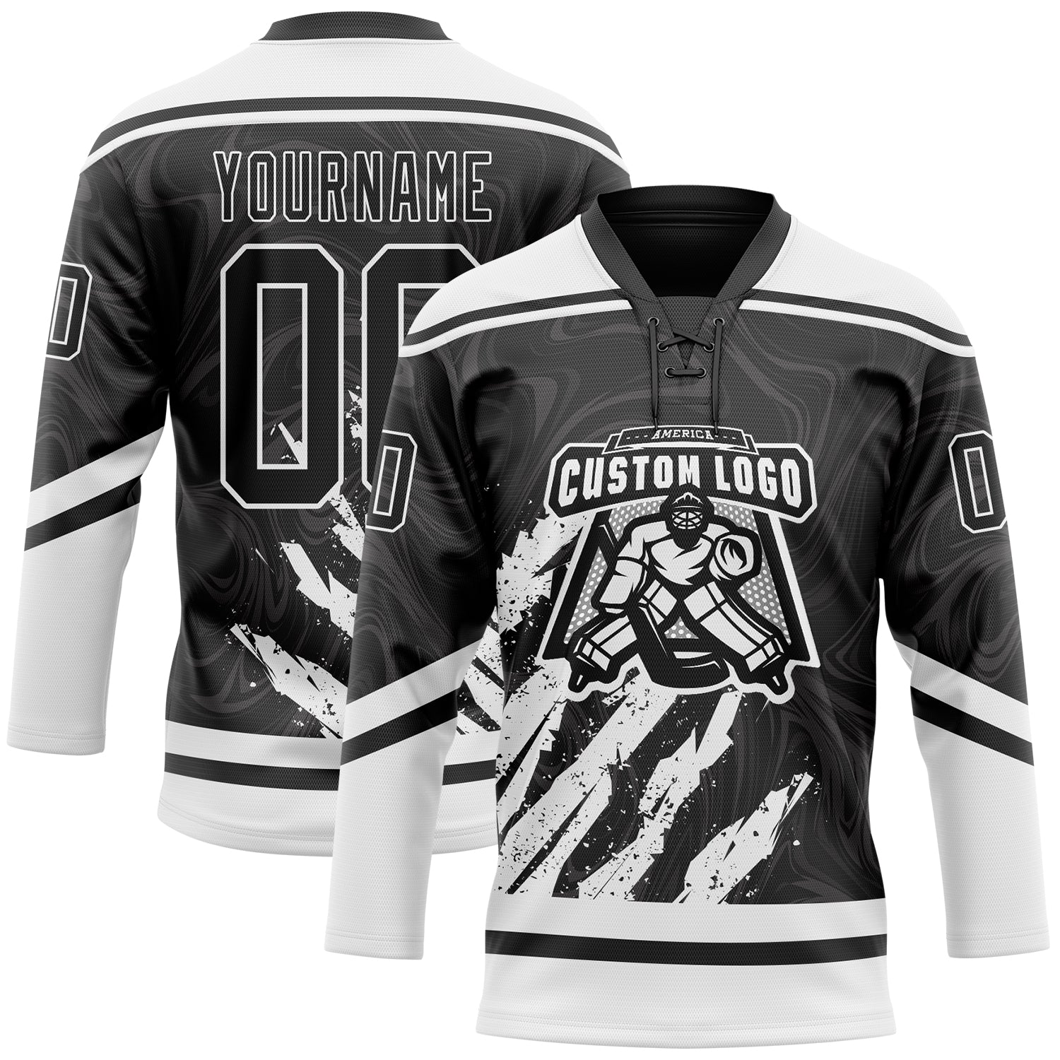 Custom Black White 3D Splash Art Hockey Lace Neck Jersey