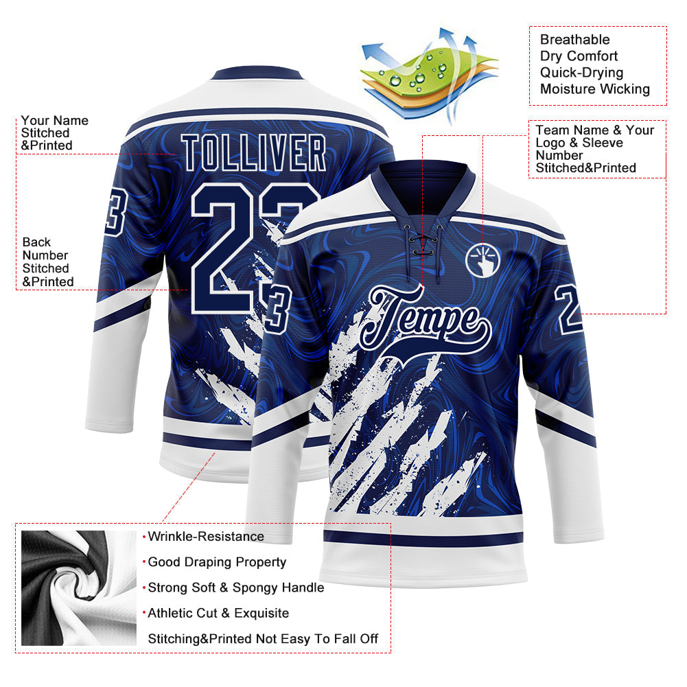 Custom Navy White 3D Splash Art Hockey Lace Neck Jersey