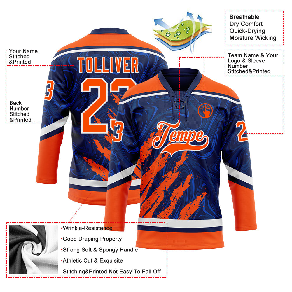Custom Navy Orange-White 3D Splash Art Hockey Lace Neck Jersey