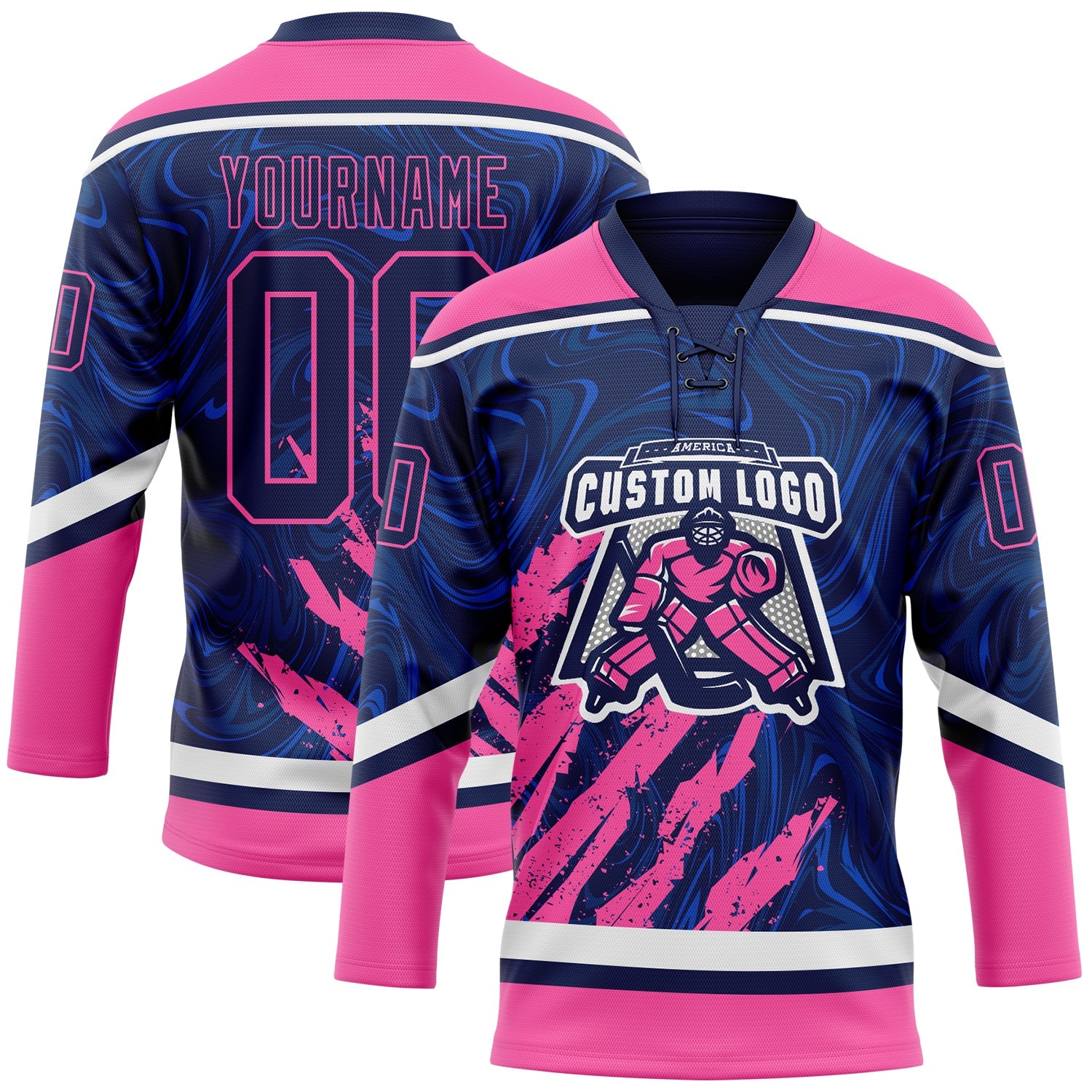 Custom Navy Pink-White 3D Splash Art Hockey Lace Neck Jersey
