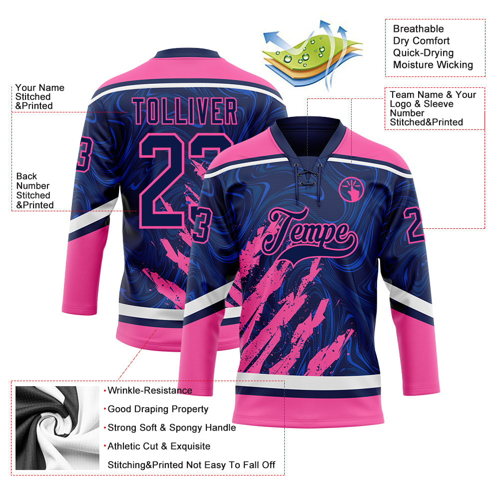 Custom Navy Pink-White 3D Splash Art Hockey Lace Neck Jersey