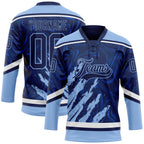 Custom Navy Light Blue-White 3D Splash Art Hockey Lace Neck Jersey