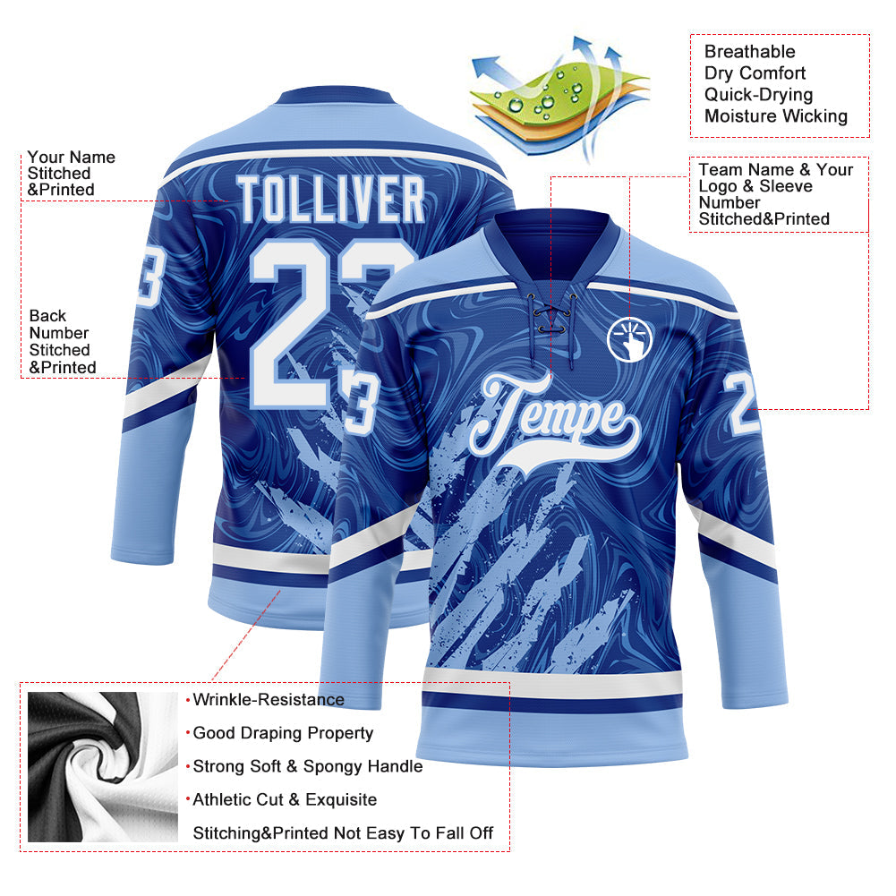 Custom Royal White-Light Blue 3D Splash Art Hockey Lace Neck Jersey