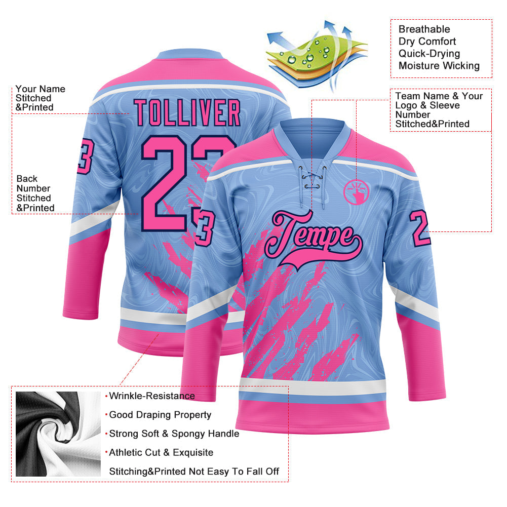 Custom Light Blue Pink Navy-White 3D Splash Art Hockey Lace Neck Jersey