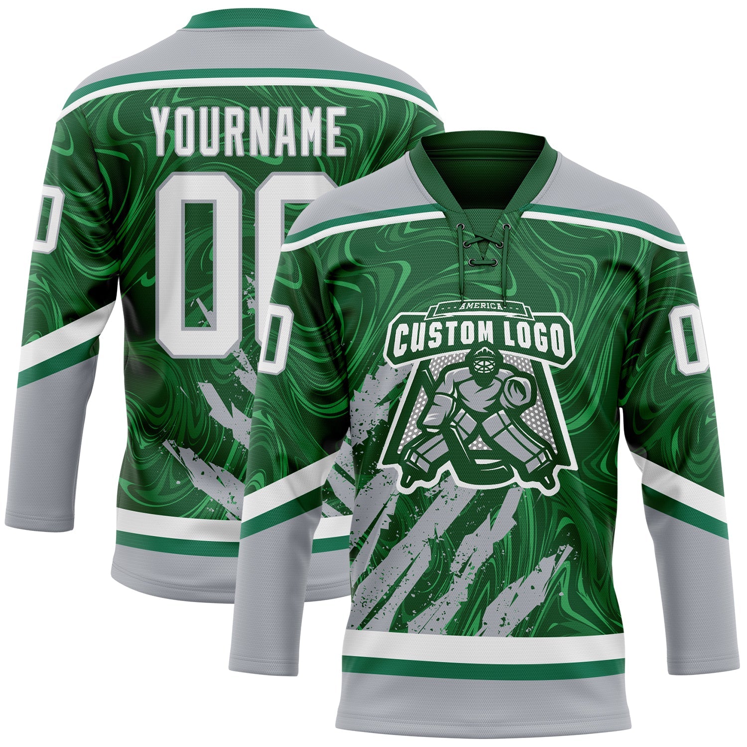 Custom Green White-Gray 3D Splash Art Hockey Lace Neck Jersey