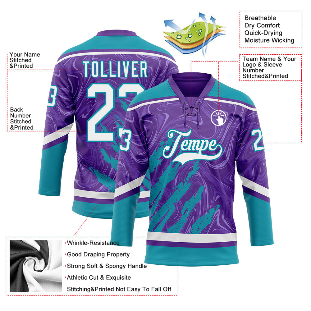 Custom Purple White-Teal 3D Splash Art Hockey Lace Neck Jersey