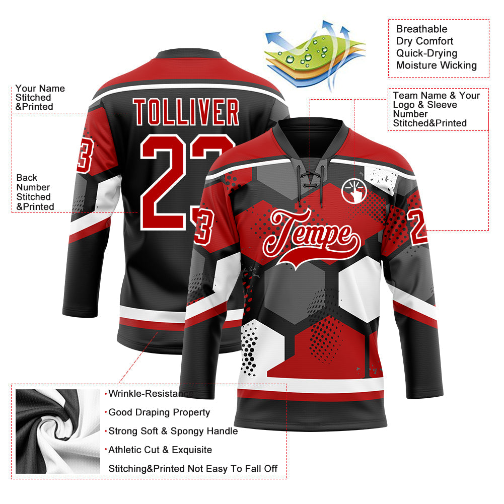 Custom Red Black-White 3D Pattern Geometric Shape Hockey Lace Neck Jersey