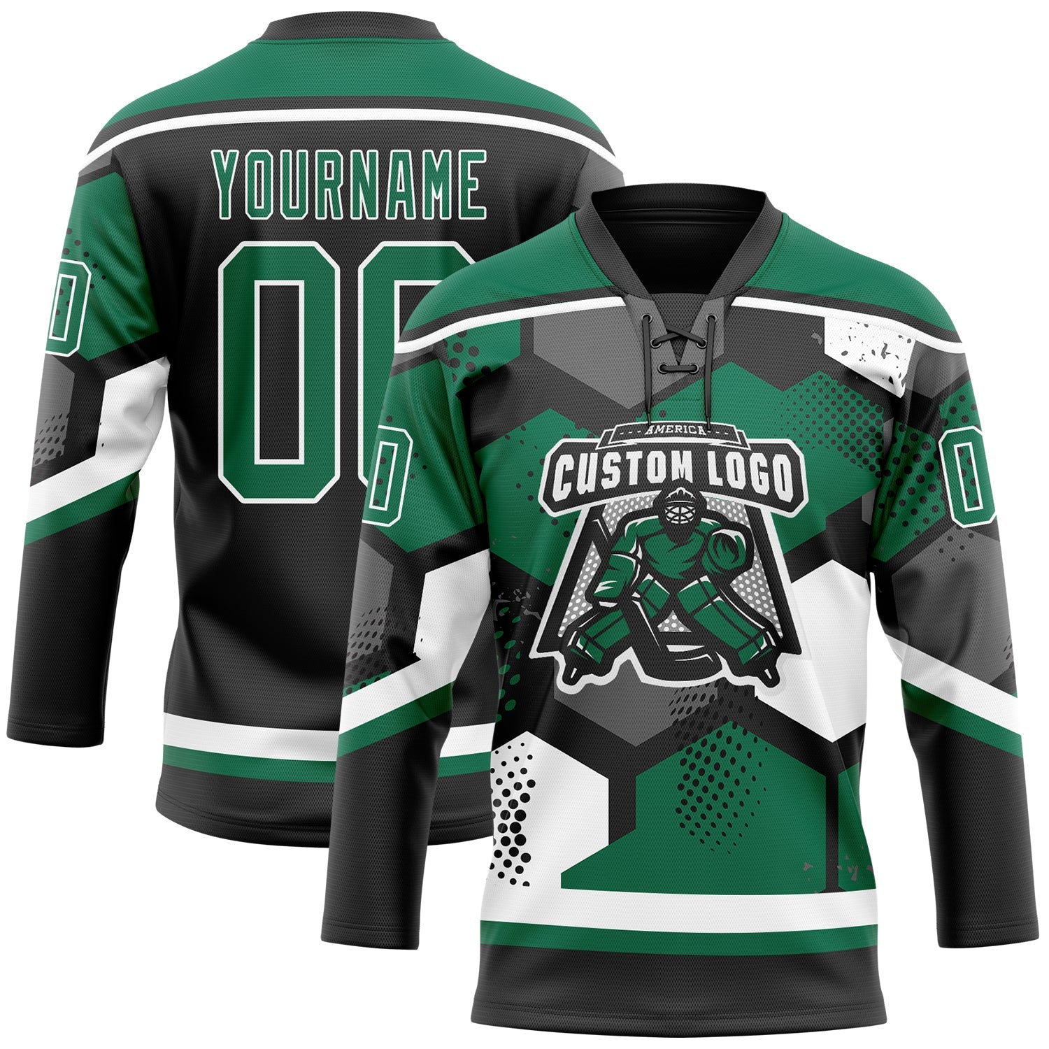Custom Kelly Green Black-White 3D Pattern Geometric Shape Hockey Lace Neck Jersey