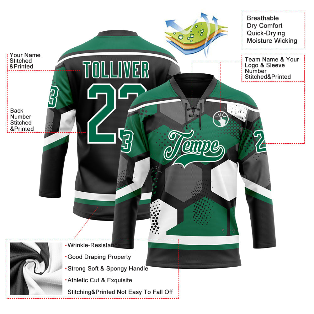 Custom Kelly Green Black-White 3D Pattern Geometric Shape Hockey Lace Neck Jersey