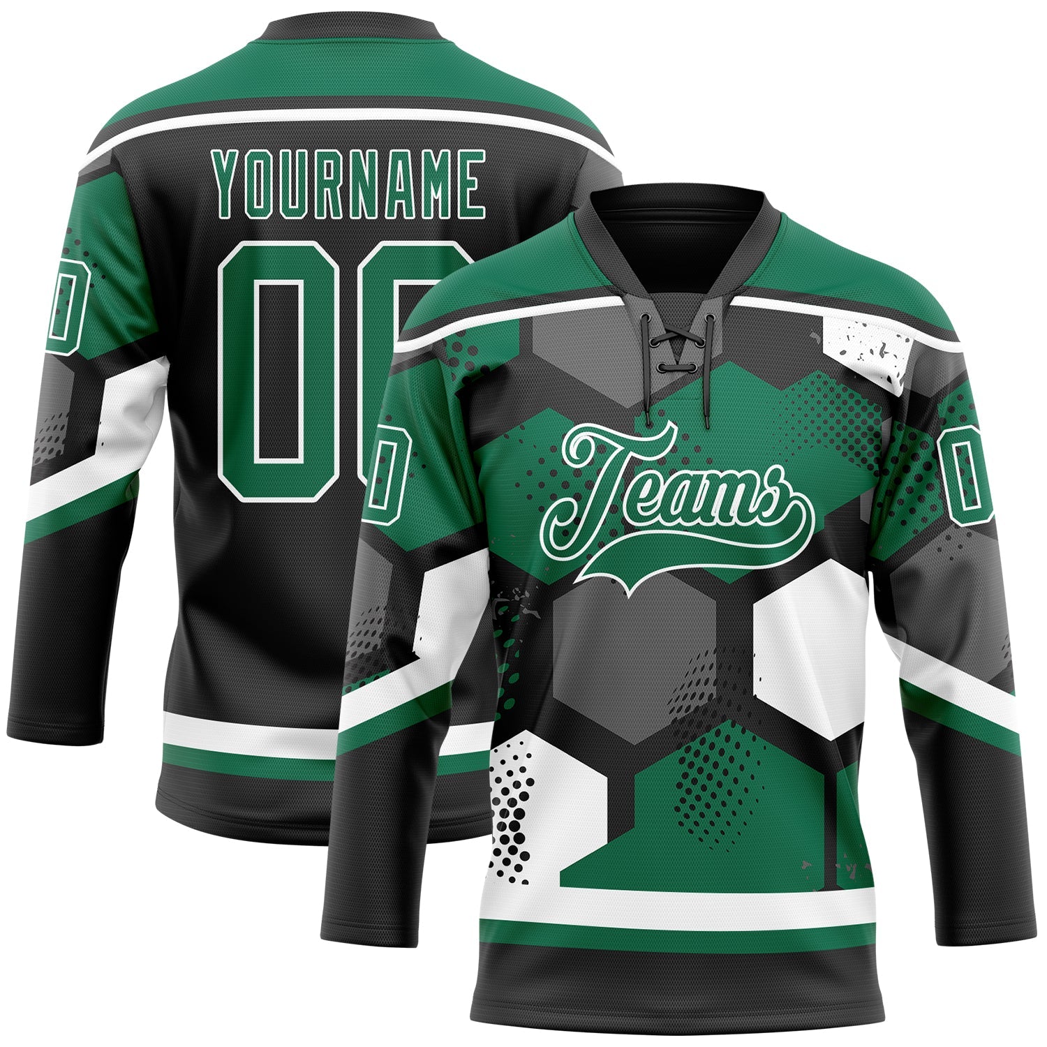 Custom Kelly Green Black-White 3D Pattern Geometric Shape Hockey Lace Neck Jersey