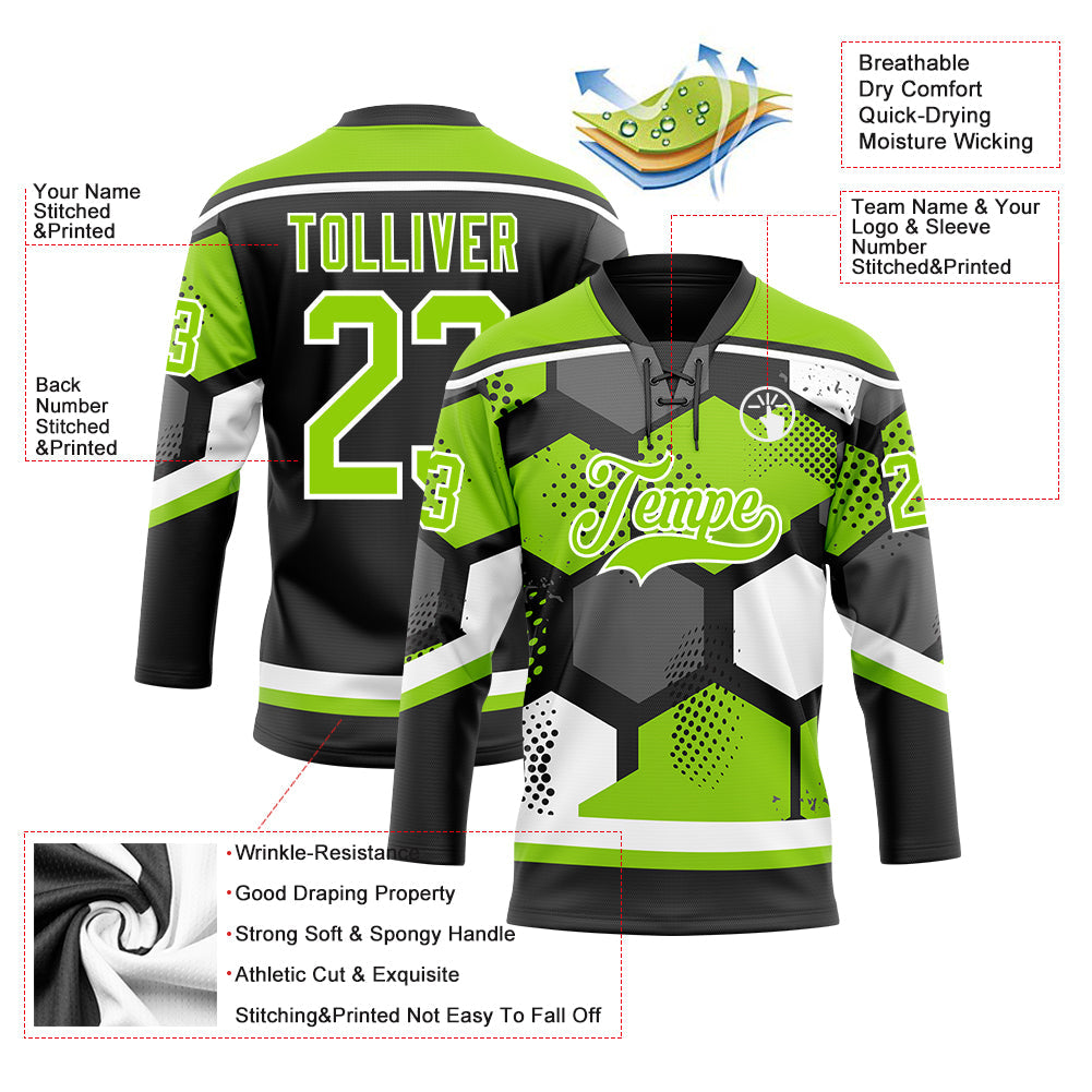 Custom Neon Green Black-White 3D Pattern Geometric Shape Hockey Lace Neck Jersey