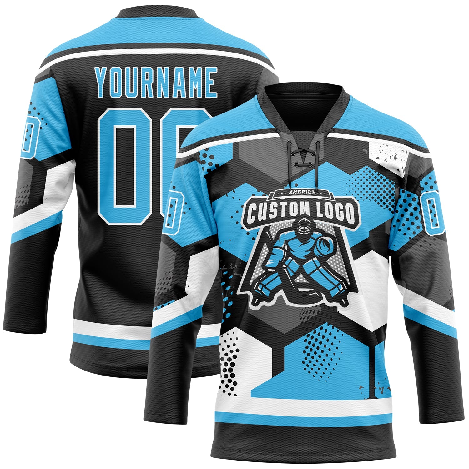 Custom Sky Blue Black-White 3D Pattern Geometric Shape Hockey Lace Neck Jersey