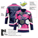 Custom Pink Navy-White 3D Pattern Geometric Shape Hockey Lace Neck Jersey