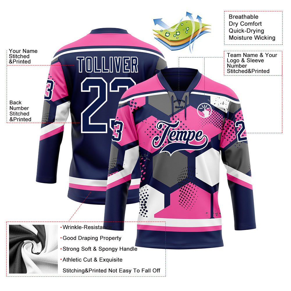 Custom Pink Navy-White 3D Pattern Geometric Shape Hockey Lace Neck Jersey