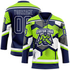 Custom Neon Green Navy-White 3D Pattern Geometric Shape Hockey Lace Neck Jersey
