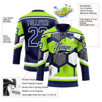 Custom Neon Green Navy-White 3D Pattern Geometric Shape Hockey Lace Neck Jersey