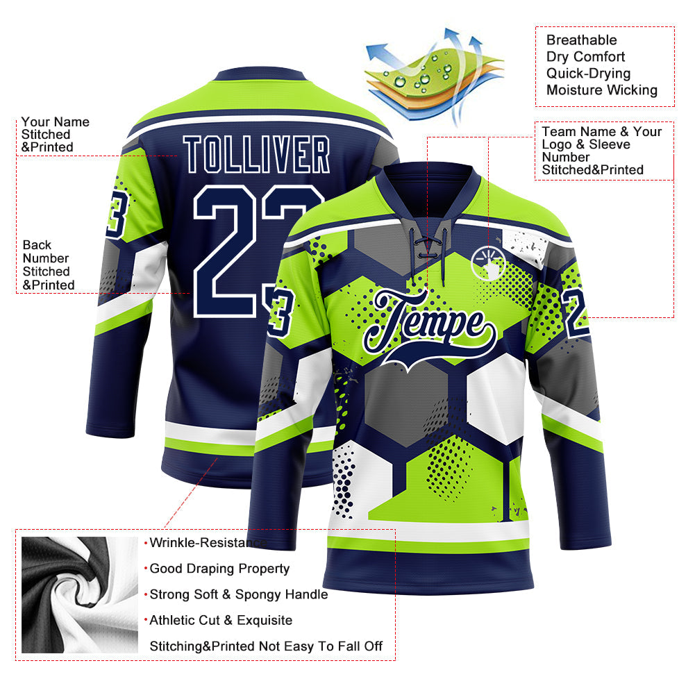 Custom Neon Green Navy-White 3D Pattern Geometric Shape Hockey Lace Neck Jersey