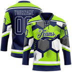 Custom Neon Green Navy-White 3D Pattern Geometric Shape Hockey Lace Neck Jersey