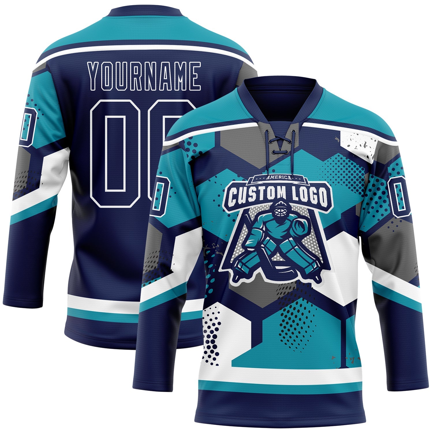 Custom Teal Navy-White 3D Pattern Geometric Shape Hockey Lace Neck Jersey