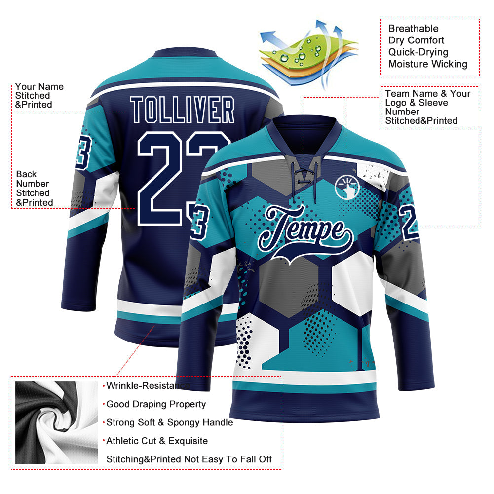 Custom Teal Navy-White 3D Pattern Geometric Shape Hockey Lace Neck Jersey