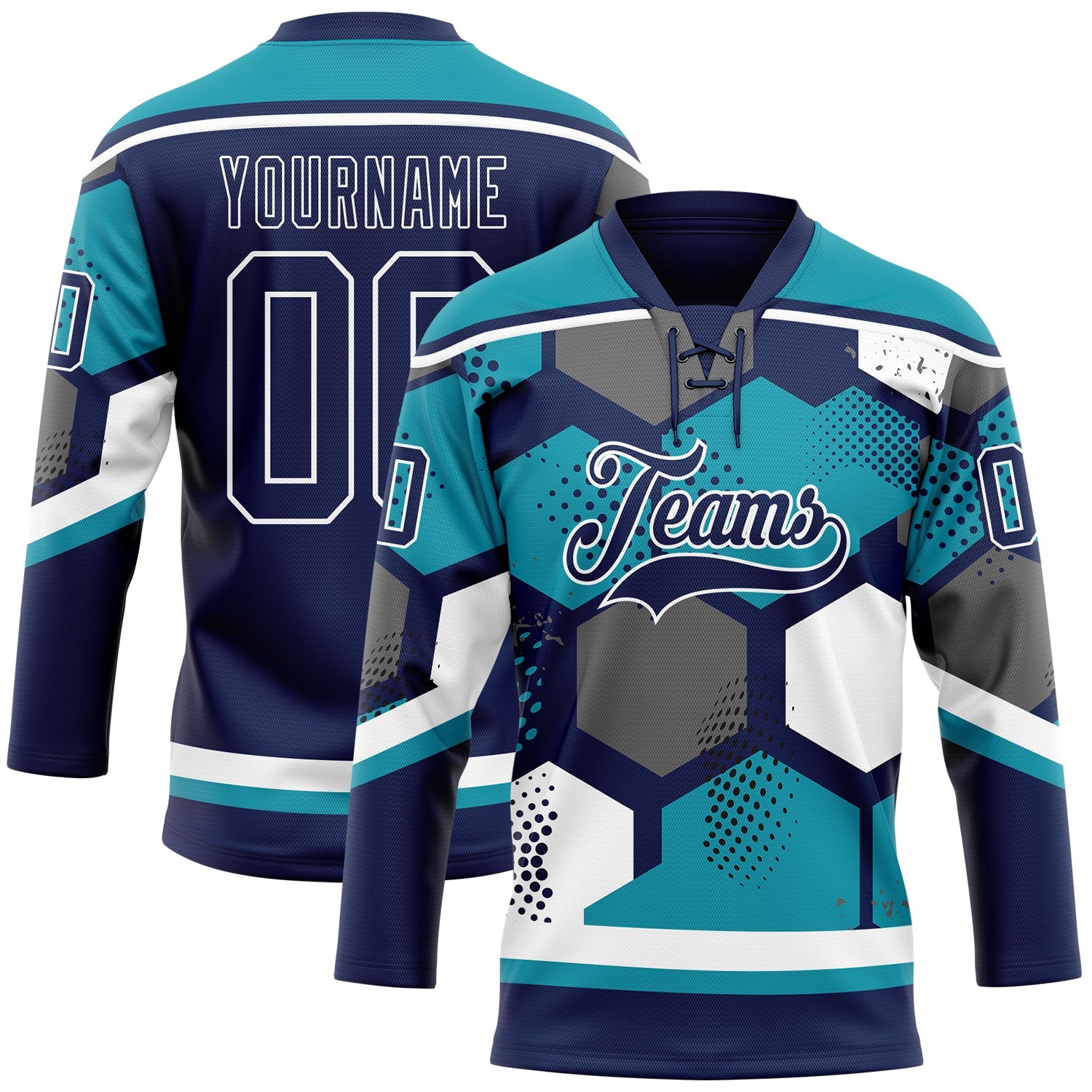 Custom Teal Navy-White 3D Pattern Geometric Shape Hockey Lace Neck Jersey