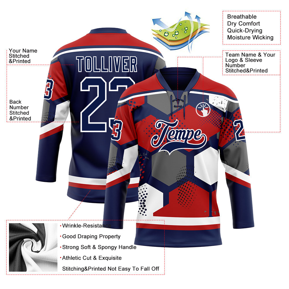 Custom Red Navy-White 3D Pattern Geometric Shape Hockey Lace Neck Jersey