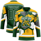 Custom Gold Green-White 3D Pattern Geometric Shape Hockey Lace Neck Jersey