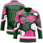 Custom Pink Green-White 3D Pattern Geometric Shape Hockey Lace Neck Jersey