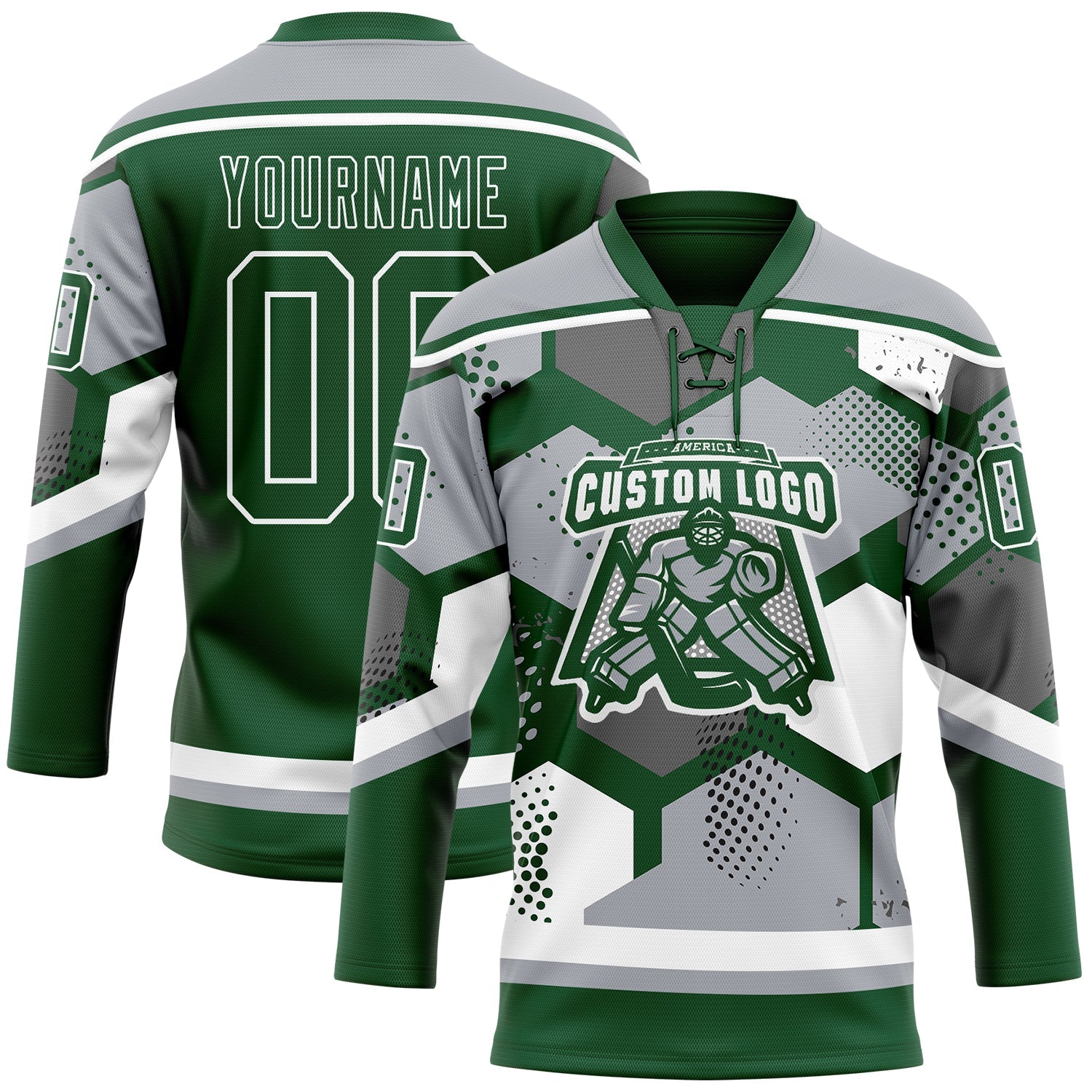 Custom Gray Green-White 3D Pattern Geometric Shape Hockey Lace Neck Jersey