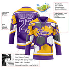 Custom Gold Purple-White 3D Pattern Geometric Shape Hockey Lace Neck Jersey