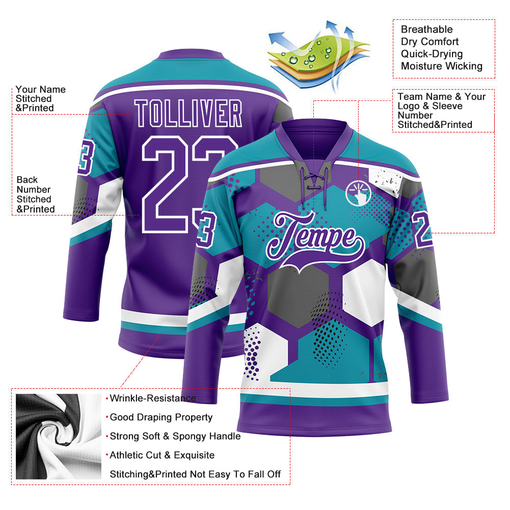 Custom Teal Purple-White 3D Pattern Geometric Shape Hockey Lace Neck Jersey