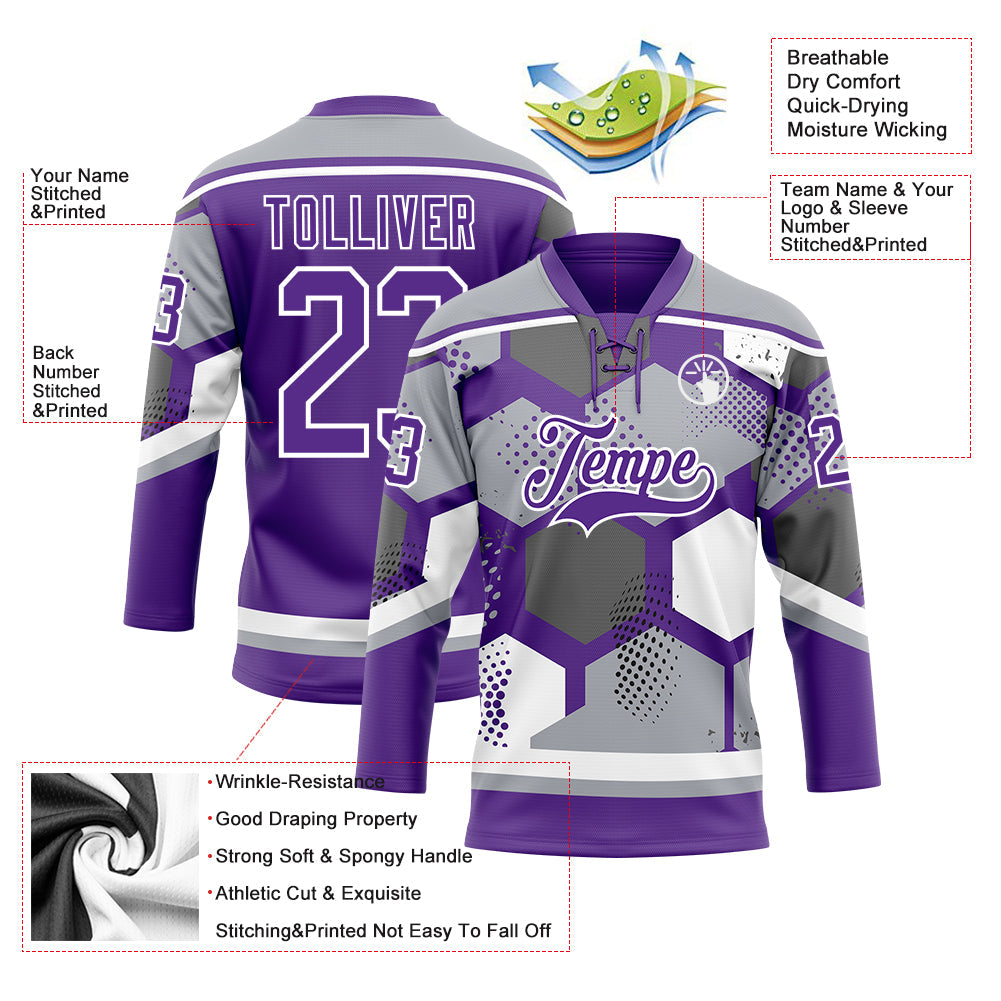 Custom Gray Purple-White 3D Pattern Geometric Shape Hockey Lace Neck Jersey