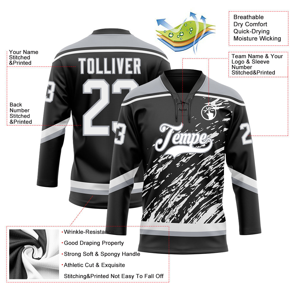 Custom Black White-Gray 3D Splash Art Hockey Lace Neck Jersey