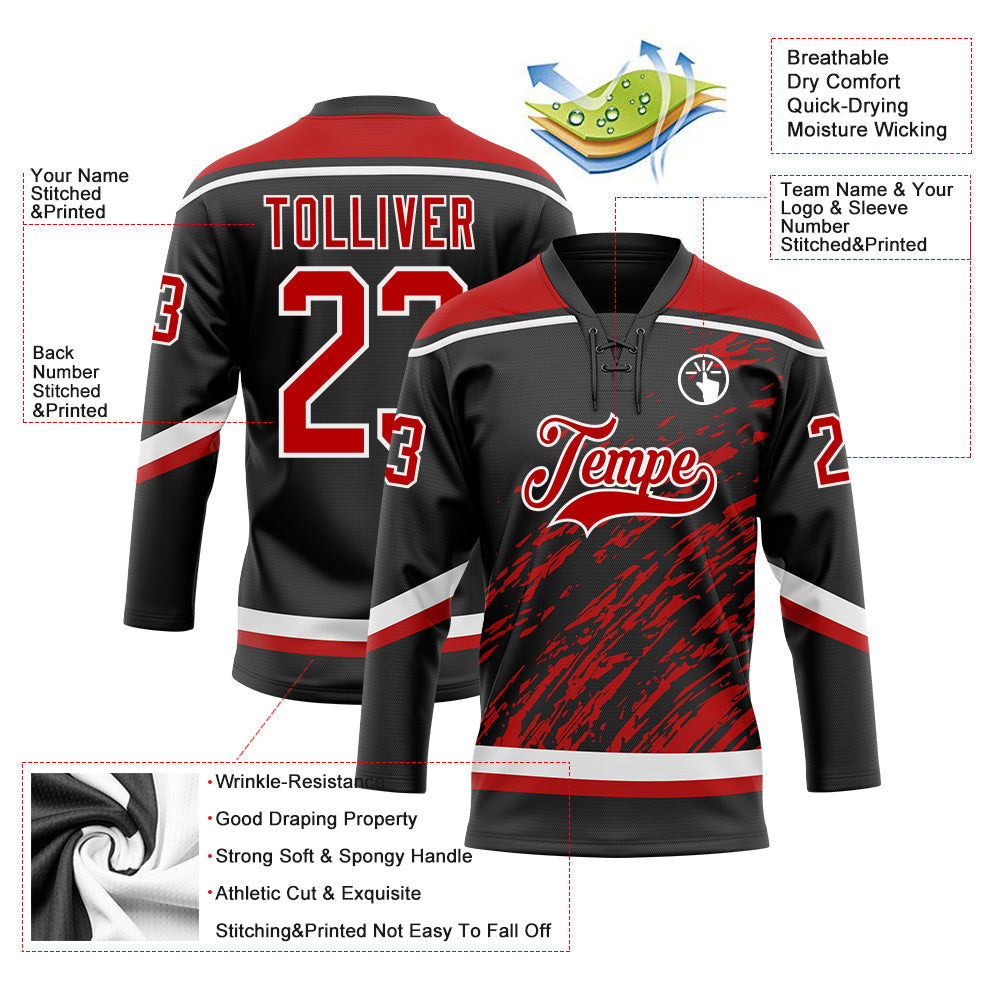 Custom Black Red-White 3D Splash Art Hockey Lace Neck Jersey