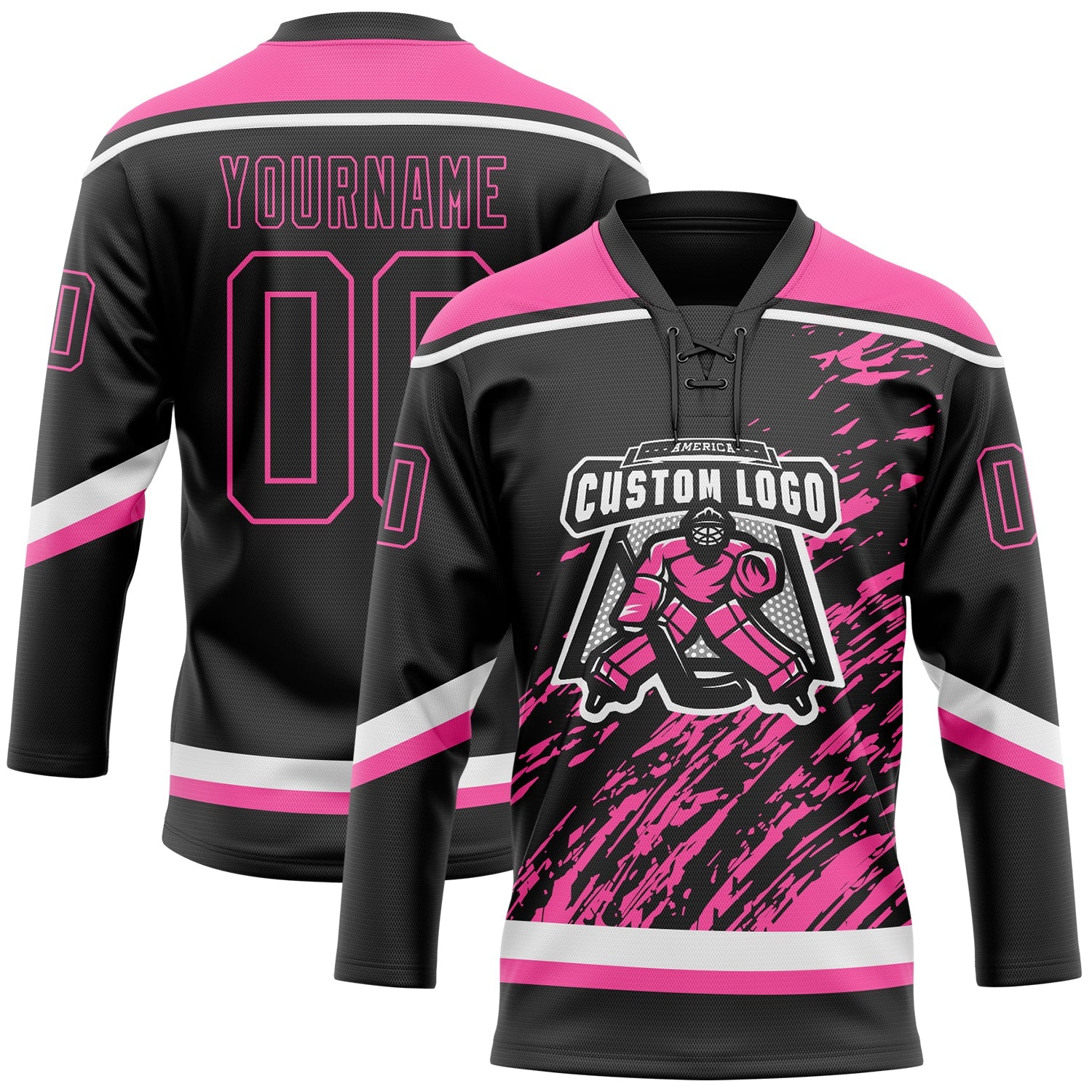 Custom Black Pink-White 3D Splash Art Hockey Lace Neck Jersey